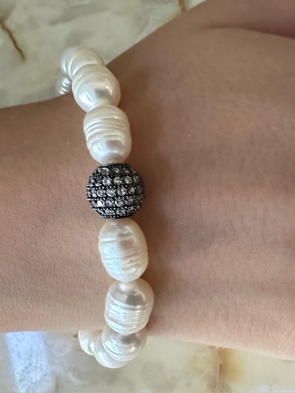 Cultured White Pearl Bracelet with Black Pavé Accent Bead